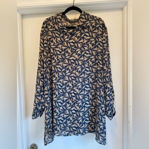 Lane Bryant Long Button Down Blue Blouse Size 22 - 24 Fall Leaves Navy